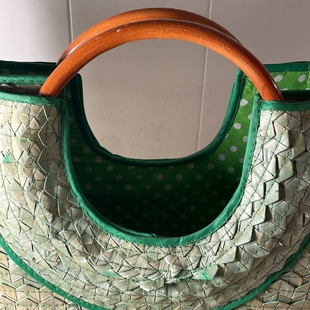 Green Woven Kelly Green Handcrafted Straw Tote Bag with Wooden Handles - Picture 2 of 16